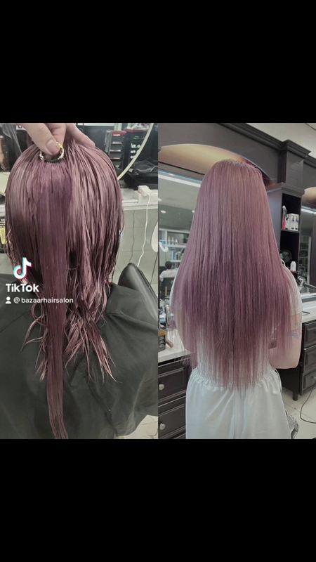 Pastel pink hair colour before and after at Bazaar Hair Salon